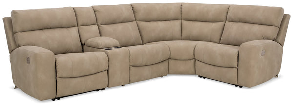 Next-Gen DuraPella 5-piece sand microfiber power reclining sectional, front view