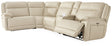 Double Deal Almond Leather 5-Piece Reclining Sectional with Console seating front angle