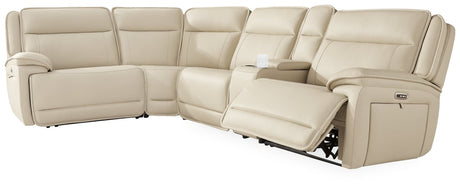 Double Deal Almond Leather 5-Piece Reclining Sectional with Console seating front angle