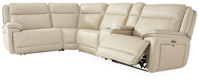 Double Deal Almond Leather 5-Piece Reclining Sectional with Console seating front angle