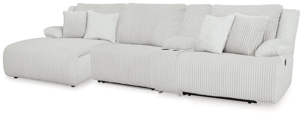 Top Tier Alloy Velvet 4-Piece Reclining Sectional with Chaise, front angle view in alloy velvet upholstery