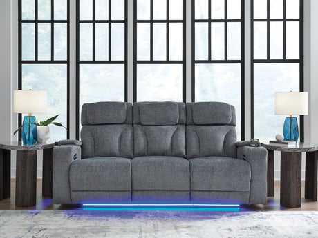 Studio Cave steel performance fabric power reclining sofa front view