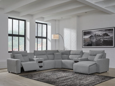 Modmax sectional front view with chaise in salt and pepper fabric