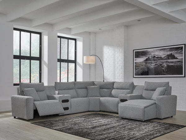 Modmax sectional front view with chaise in salt and pepper fabric