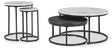 Jusmour nesting table set with faux marble tabletop and black ottoman in living room