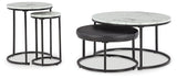 Jusmour nesting table set with faux marble tabletop and black ottoman in living room