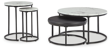 Jusmour nesting table set with faux marble tabletop and black ottoman in living room