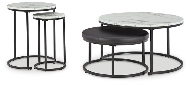 Jusmour nesting table set with faux marble tabletop and black ottoman in living room