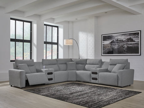 ModMax II Salt and Pepper 7-Piece Power Reclining Sectional with Audio Consoles front view