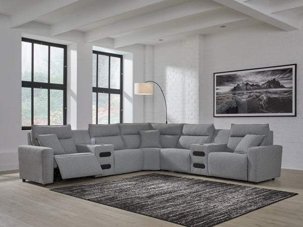 ModMax II Salt and Pepper 7-Piece Power Reclining Sectional with Audio Consoles front view