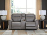 5Z-Comfort Coin Leather Power Reclining Loveseat front view with console and cup holders