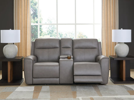 5Z-Comfort Coin Leather Power Reclining Loveseat front view with console and cup holders