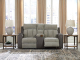 WhipLash Sisal chenille and faux leather power reclining loveseat front angle