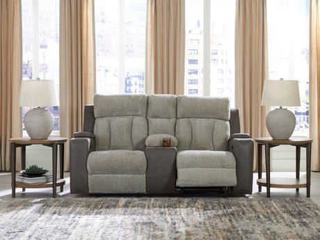 WhipLash Sisal chenille and faux leather power reclining loveseat front angle