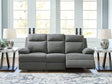 Side-Swipe charcoal chenille reclining sofa with drop-down table front angle