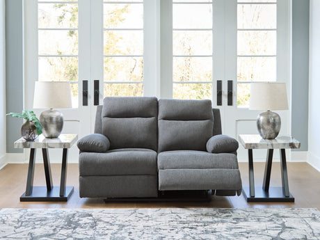 Side-Swipe Charcoal Chenille Reclining Loveseat front view
