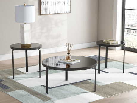 Dorylin black table set with coffee table and two end tables from front angle