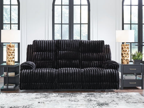 Rhine Falls onyx velvet power reclining sofa with drop-down table front view