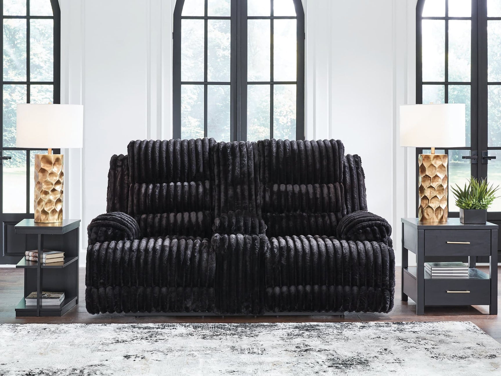 Rhine Falls Onyx Velvet Reclining Loveseat with console front angle