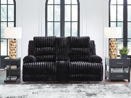 Rhine Falls Onyx Velvet Reclining Loveseat with console front angle
