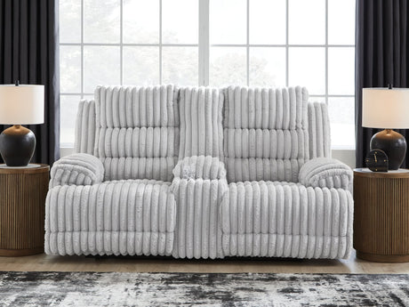 Rhines Falls Alloy Velvet Power Reclining Loveseat with Console front angle