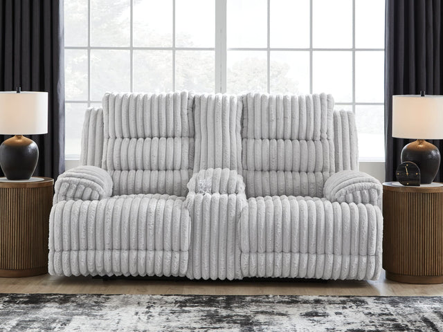 Rhines Falls Alloy Velvet Power Reclining Loveseat with Console front angle