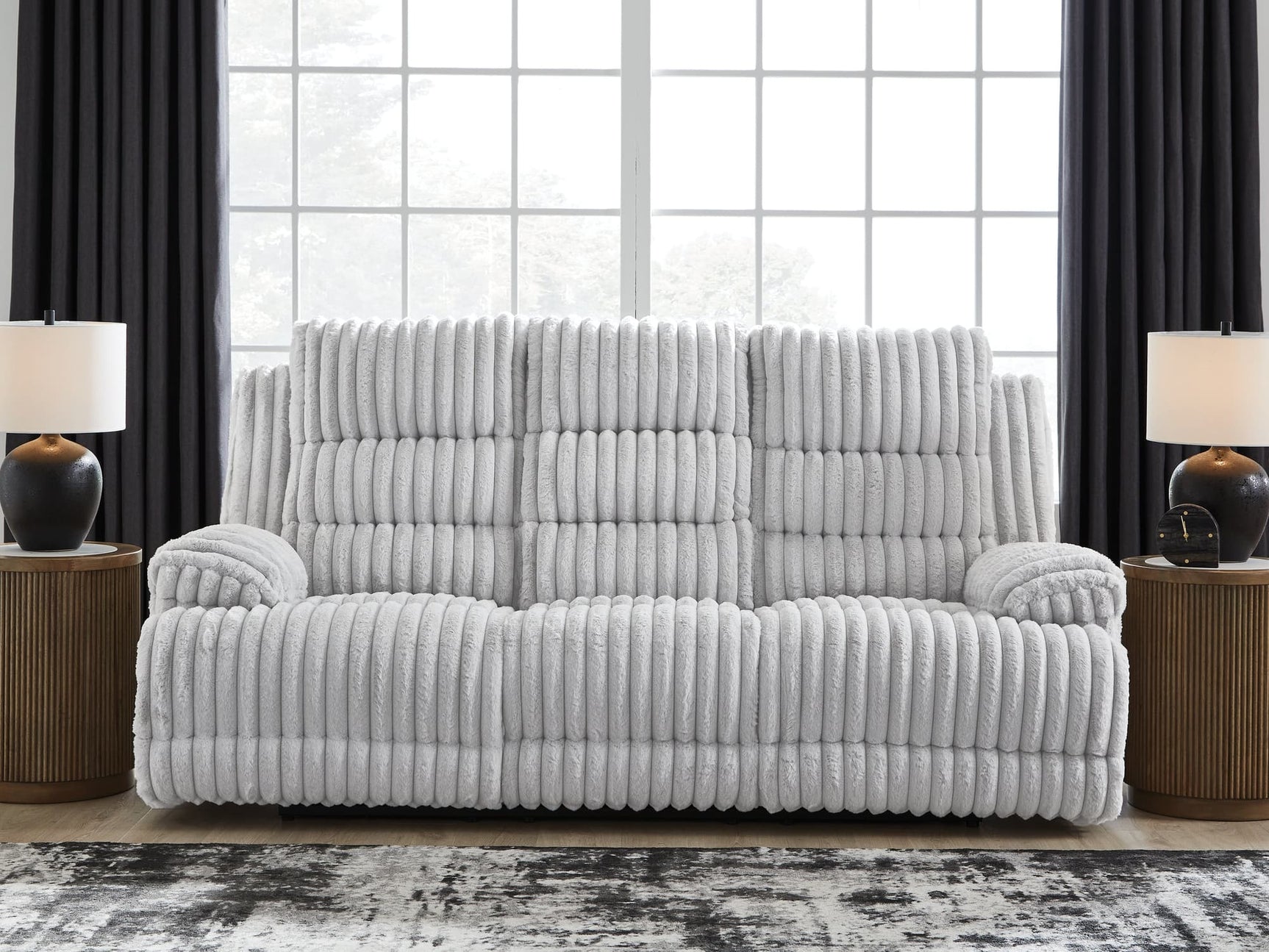 Rhines Falls Alloy Velvet Power Reclining Sofa front angle view