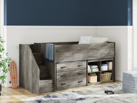 Frandern Gray Twin Loft Bed with Bookcase and Drawer Storage - front angle