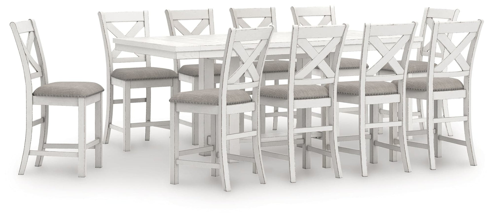 Robbinsdale Antique White Counter Height Dining Table and 10 Barstools front view