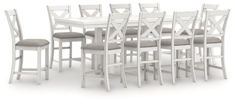 Robbinsdale Antique White Counter Height Dining Table and 10 Barstools front view
