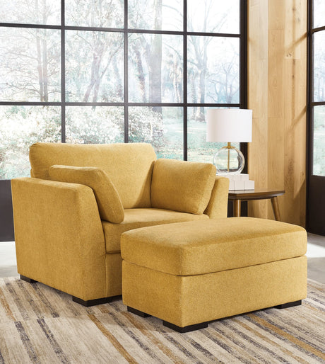 Front angle of Keerwick Sunflower velvet chair with matching ottoman