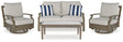 Rainier Ranch outdoor brown/beige loveseat and 2 chairs with coffee table set - front view