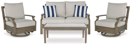 Rainier Ranch outdoor brown/beige loveseat and 2 chairs with coffee table set - front view