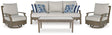 Rainier Brown-Beige Ranch outdoor sofa with two chairs and coffee table