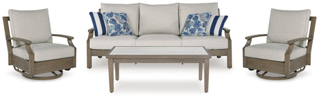 Rainier Brown-Beige Ranch outdoor sofa with two chairs and coffee table