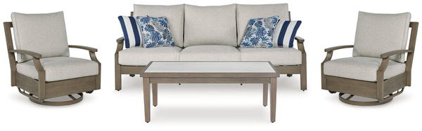 Rainier Brown-Beige Ranch outdoor sofa with two chairs and coffee table