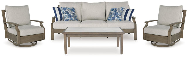 Rainier Brown-Beige Ranch outdoor sofa with two chairs and coffee table