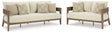 Serene Outdoor Sofa and Loveseat set front view showing dark brown frame and white cushions
