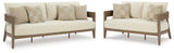 Serene Outdoor Sofa and Loveseat set front view showing dark brown frame and white cushions