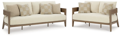 Serene Outdoor Sofa and Loveseat set front view showing dark brown frame and white cushions