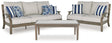 Rainier Ranch outdoor sofa, loveseat, and coffee table in brown and beige
