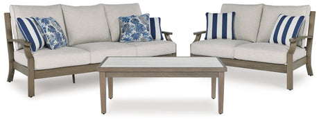 Rainier Ranch outdoor sofa, loveseat, and coffee table in brown and beige