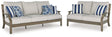 Front view of Rainier Ranch outdoor sofa and loveseat set in brown and beige