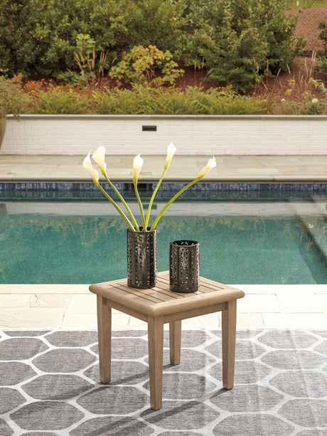 Clare Beige outdoor lounge set front view with 2 chairs and end table