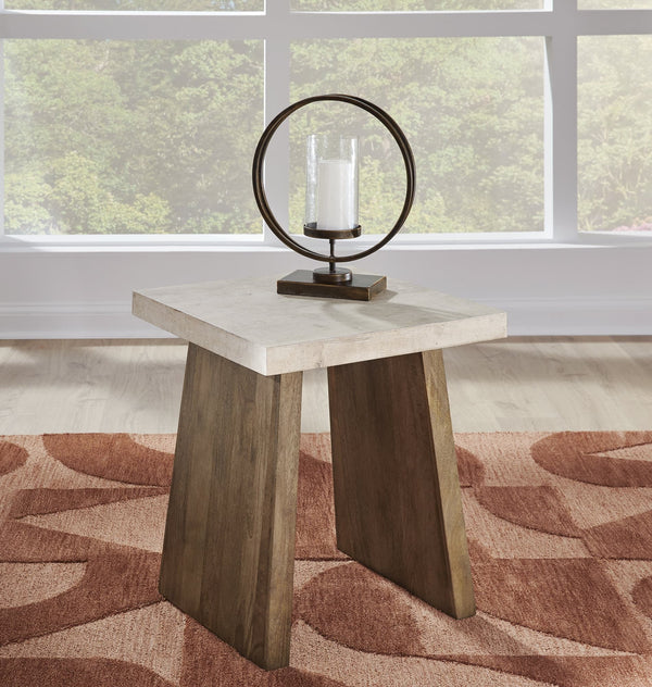 Brendalhouse coffee table with faux cement top and double plinth base, front angle