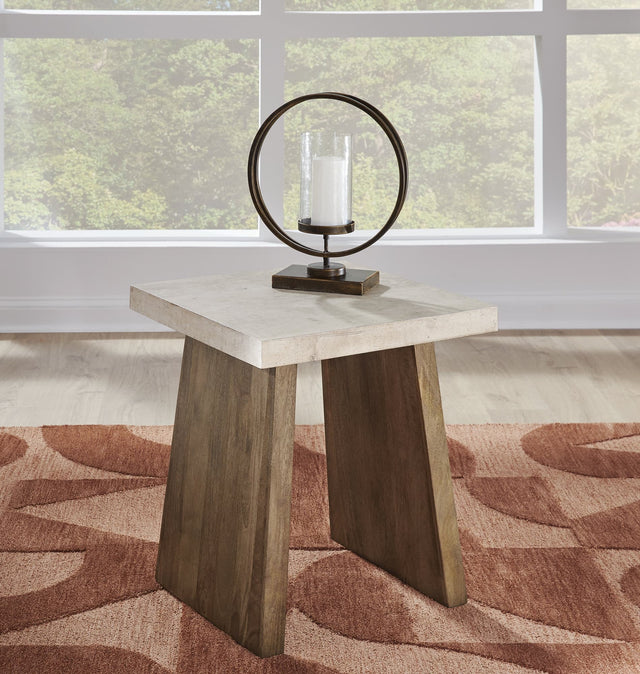 Brendalhouse coffee table with faux cement top and double plinth base, front angle