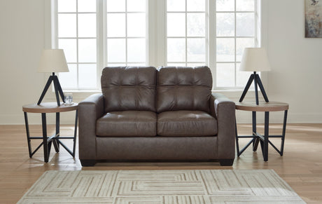 Barlin Mills Umber Faux Leather Loveseat front angle