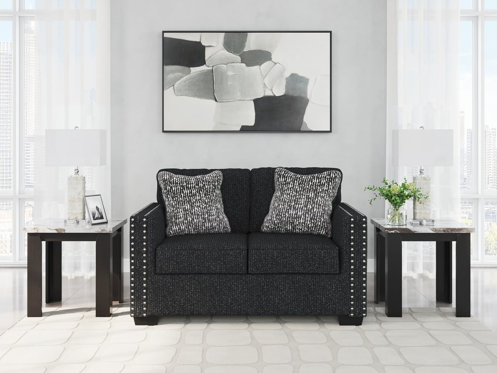 Jasmine Peaks coal chenille loveseat front view with LED lighting