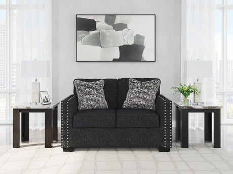 Jasmine Peaks coal chenille loveseat front view with LED lighting