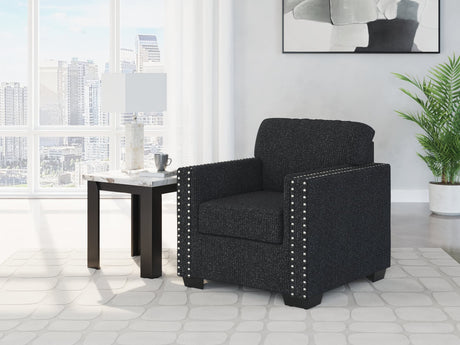 Jasmine Peaks Coal Chenille Chair front angle showing nailhead trim and LED lighting